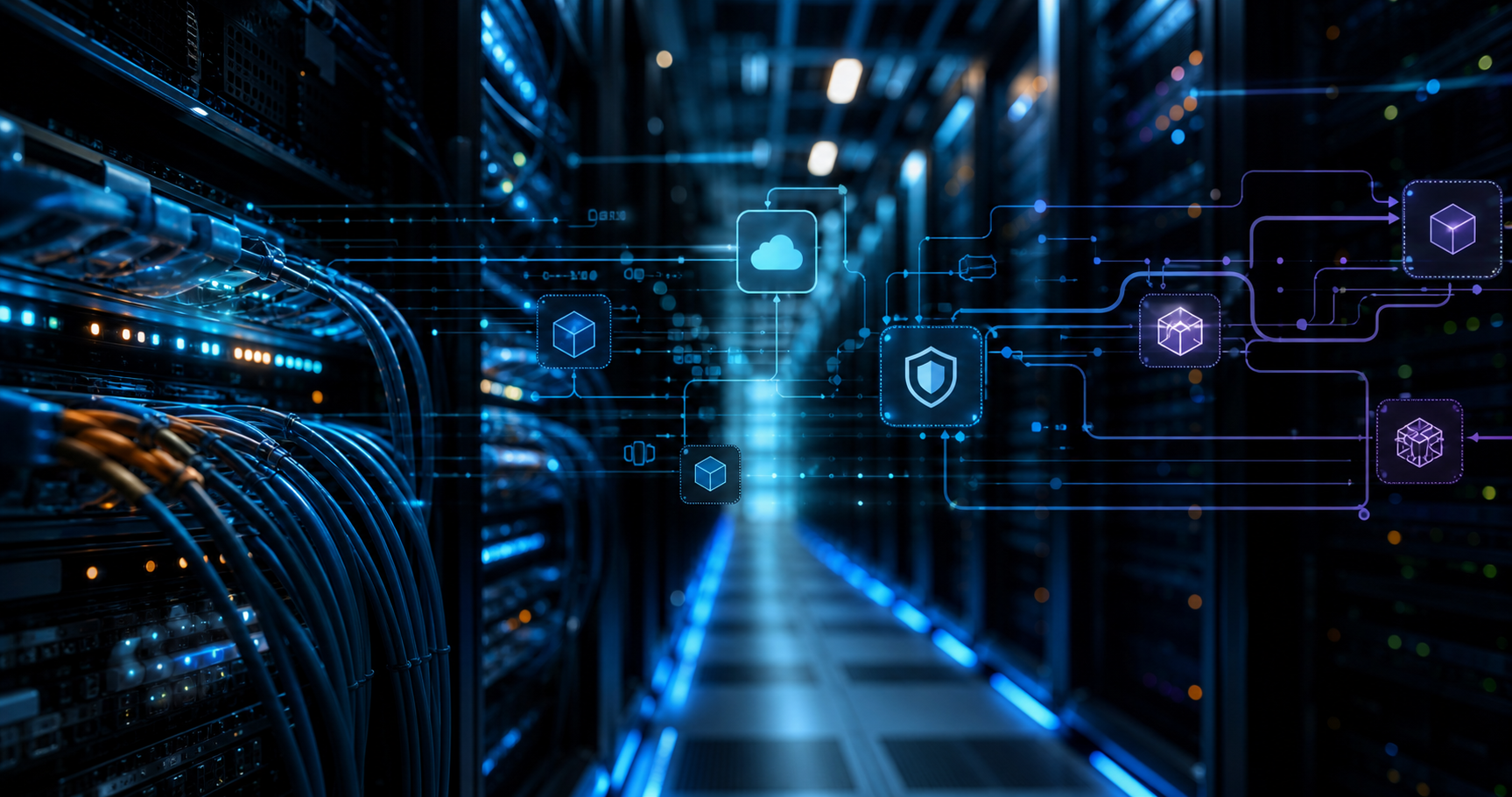 Illuminated data center corridor representing cloud delivery pipelines.